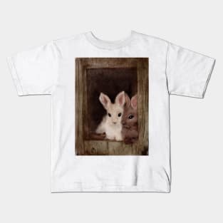 Bunny Love Two watercolor bunnies lounging in a barn Kids T-Shirt